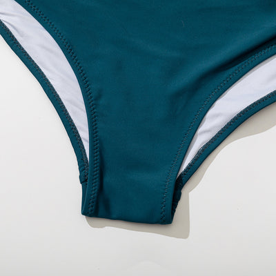 Women's black two-piece bikini with a twisted front bandeau top and high-waisted ruched bottoms. - Image 18