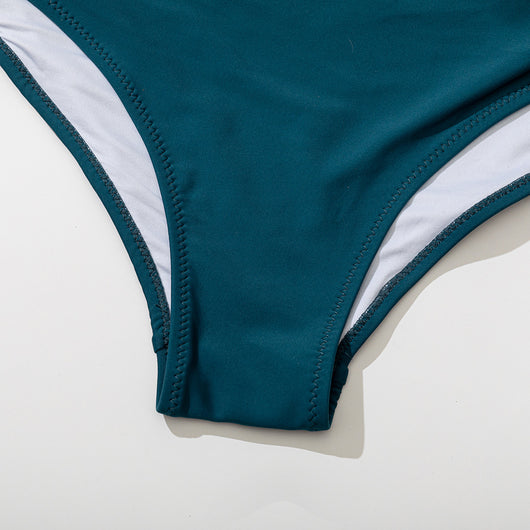 Women's black two-piece bikini with a twisted front bandeau top and high-waisted ruched bottoms. - Image 18