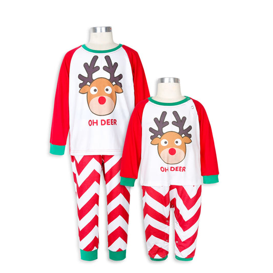 Red and white parent-child pajama set with a reindeer graphic top and chevron stripe pants, green cuffs.