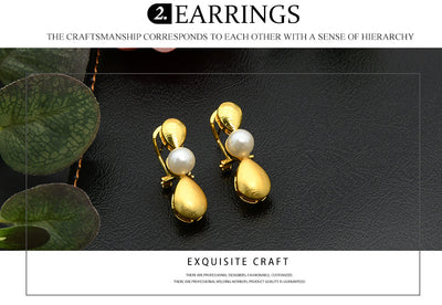 Women's four-piece jewelry set with matte gold teardrop links and white pearls, including a necklace, earrings, ring, and bracelet. - Image 9