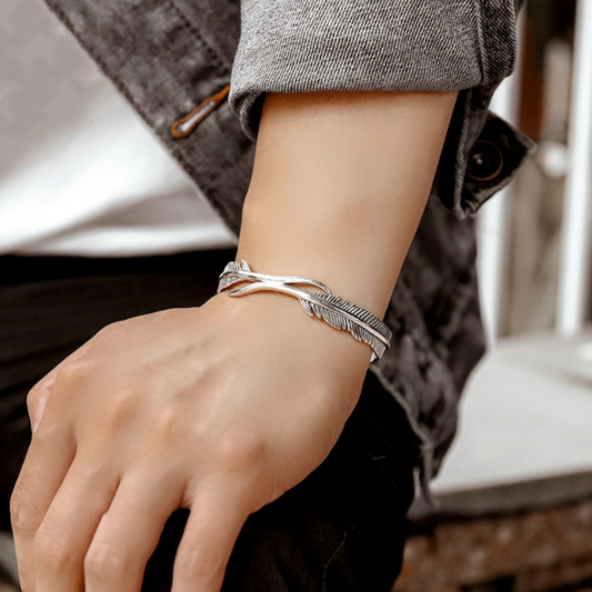 Pulsera de Plata Tailandesa Vintage con Doble Pluma Minimalista