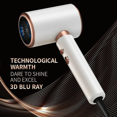 White professional hair dryer with rose gold accents, blue fan, and two control buttons, shown with a US 110V plug and a 360-degree rotating air collector nozzl - Image 7