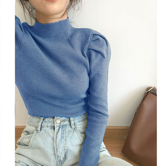 Blusa Tejida Cuello Alto con Mangas Abullonadas