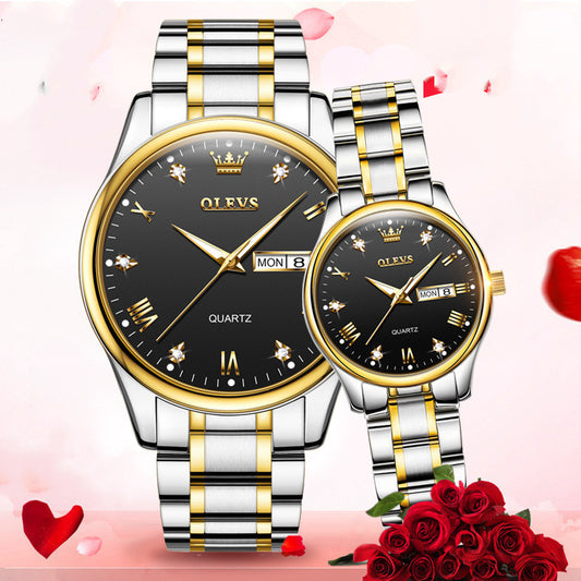 Reloj de Pareja Cuarzo Oro con Diamante Luminoso Resistente al Agua - Image 2