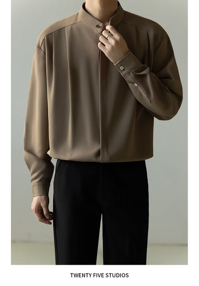 Camisa Casual Holgada de Manga Larga con Cuello Alzado para Hombre - Image 12