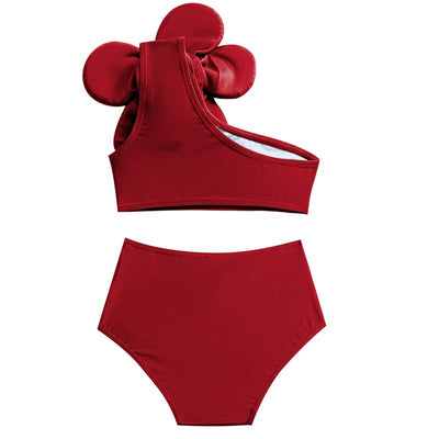 Red children's split swimsuit with a one-shoulder top featuring a large decorative flower and high-waisted bottoms. - Image 16