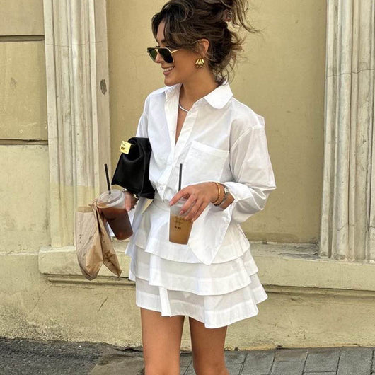 Vestido Sastre Blanco con Solapas y Mangas Largas de Cintura Alta - Image 8