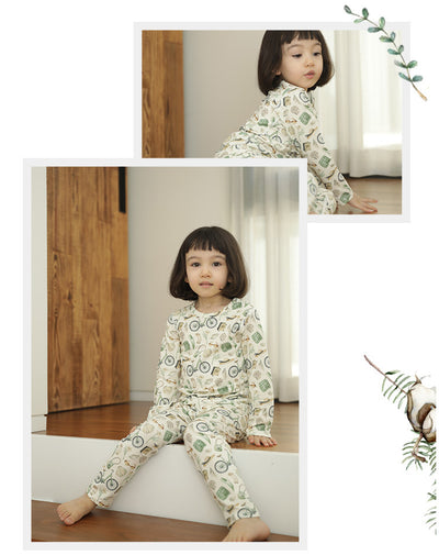 Bamboo cotton knitted parent-child pajama set with a pumpkin print long-sleeve top and solid light blue-grey pants. - Image 18
