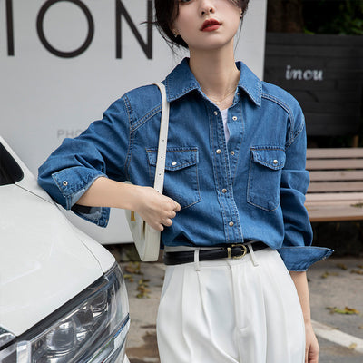 Camisa Denim Retro Azul - Prenda Versátil de Manga Larga - Image 5