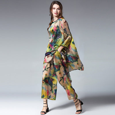 Traje Suelto de Seda Satinada Estampada con Cuello Redondo - Image 3