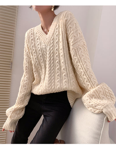 Suéter Tejido de Cuello V con Trenzas Gruesas para Mujer - Image 2