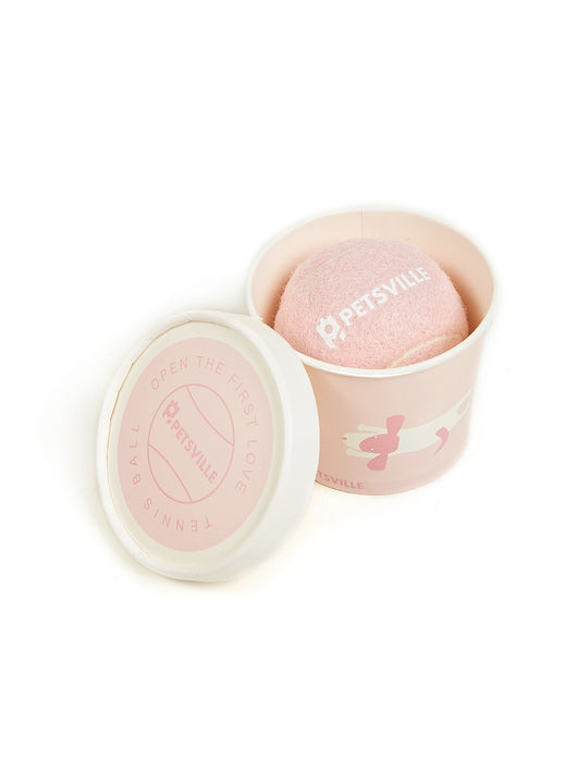 Beige Petsville tennis ball for dogs in a light yellow cylindrical container with a playful dog illustration. - Image 3