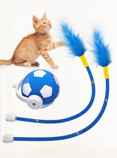 Interactive cat toy with a blue and white soccer ball, a flexible yellow rod with bells, and a blue feather. - Image 10