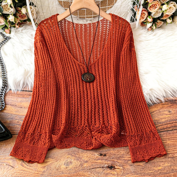 Suéter Calado Talla Grande para Mujer - Manga Larga Tejida Cuello V