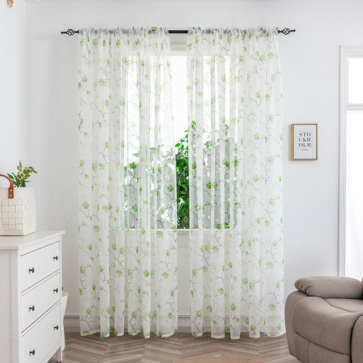Sheer white mesh curtains with purple and light blue floral patterns, hung on a black rod in a bright room. - Image 14