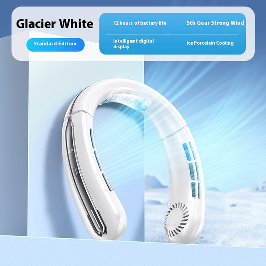Ocean blue portable neck fan with digital display, showing 100 fan speed, designed for outdoor sports and personal cooling. - Image 6