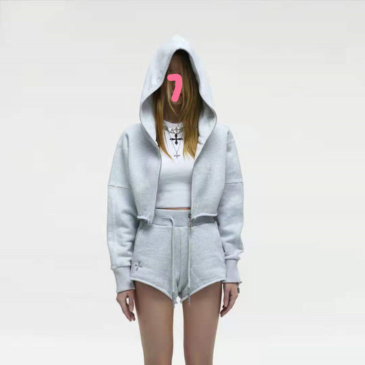 Chaqueta Hoodie Cropped Suelta con Cierre y Manga Larga