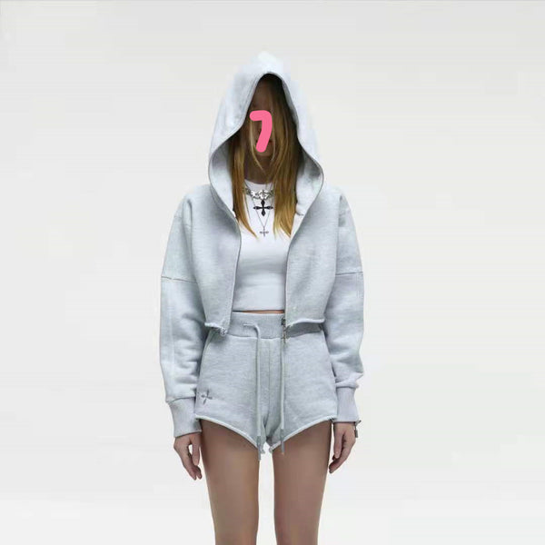 Chaqueta Hoodie Cropped Suelta con Cierre y Manga Larga