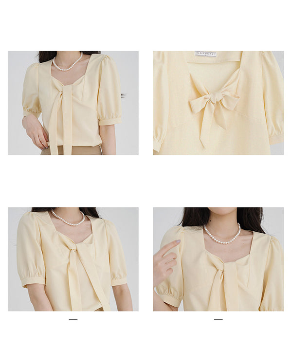 Blusa Elegante con Moño y Cuello Cuadrado Escote Descubierto