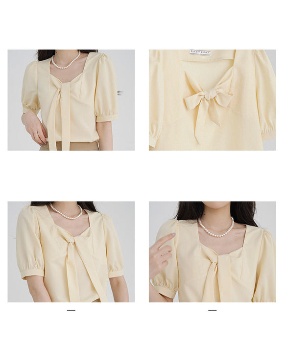 Blusa Elegante con Moño y Cuello Cuadrado Escote Descubierto