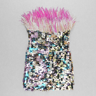 Vestido Corto Tubo Lentejuelas Degradado con Plumas Deslumbrante - Image 16