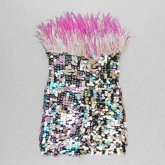 Vestido Corto Tubo Lentejuelas Degradado con Plumas Deslumbrante - Image 16