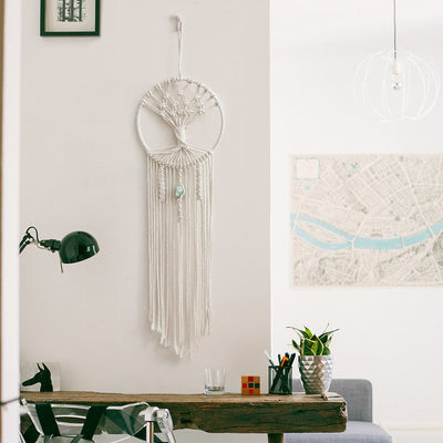 Handmade macrame dream catcher with a tree of life design, natural cotton rope, and a light green stone accent. - Image 4