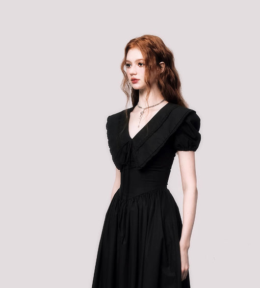 Vestido Negro Elegante con Cuello V y Mangas Abullonadas Estilo Francés - Image 4