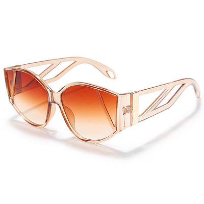 Light peach cat-eye sunglasses with purple gradient lenses and geometric cutouts on the frame. - Image 12