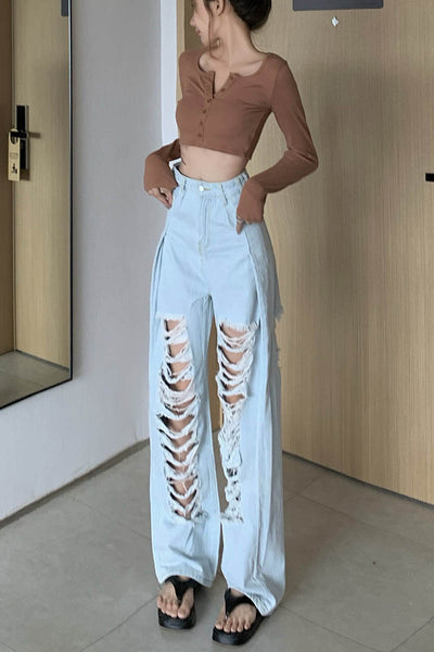 Pantalón Roto de Cintura Alta Ancho y Suelto - Image 9