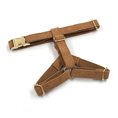 Brown corduroy pet harness with gold-colored metal quick-release buckle and D-rings, shown on a white background. - Image 20
