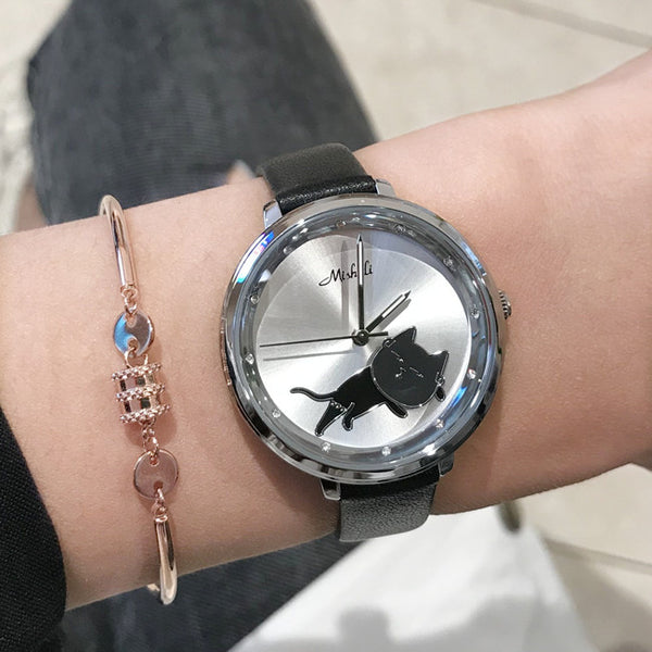 Reloj Cinturón Piel con Gato Movible - Diseño Creativo para Mujer