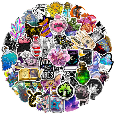 A hand holds a gothic-themed sticker featuring a raven, skull, and crystals, with a pile of 50 assorted waterproof stickers in the background. - Image 6