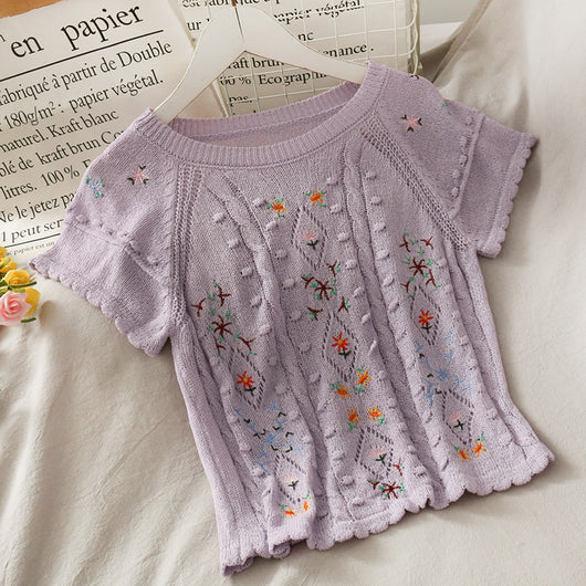 Blusa Lino Bordado Calado Manga Corta Ajustada - Image 11