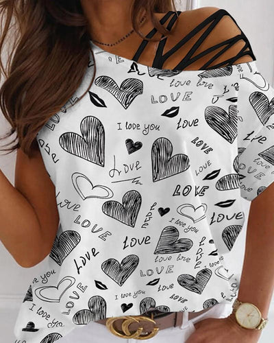 Camiseta Manga Corta Cuello Redondo Estampado Love Hombro Descubierto Mujer - Image 2