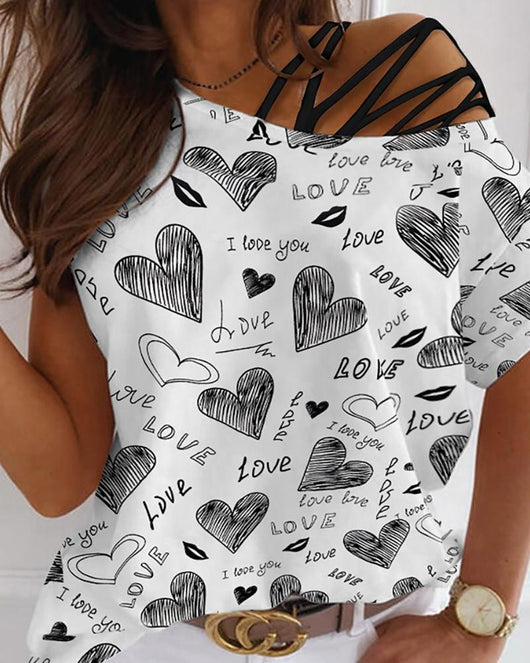 Camiseta Manga Corta Cuello Redondo Estampado Love Hombro Descubierto Mujer - Image 2