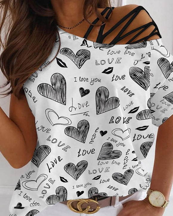 Camiseta Manga Corta Cuello Redondo Estampado Love Hombro Descubierto Mujer