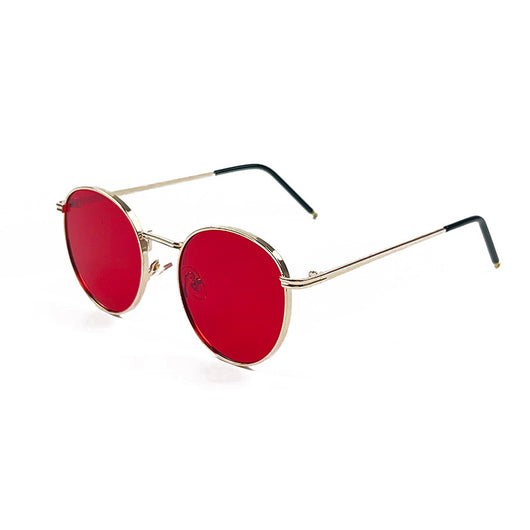 Round red lens sunglasses with a gold metal frame and black temple tips on a white background. - Image 9