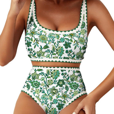 Green and white floral paisley high-waisted bikini swimsuit with scalloped edges on a model. - Image 3