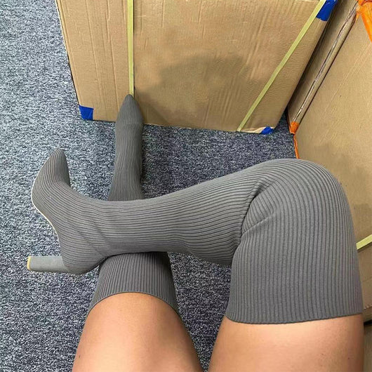Botas Altas Over Knee Tacón Alto Punta Aguda Tejido Elástico para Invierno - Image 12