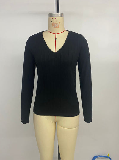 Suéter Negro Mujer Cuello V Rayas Hundidas Estilo Europeo Americano - Image 11