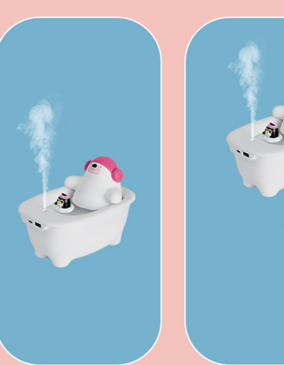 Creative air humidifier shaped like a white bathtub with a polar bear wearing pink earmuffs and a small penguin. - Image 5