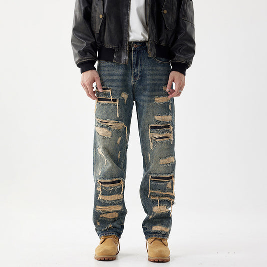 Pantalones Vaqueros Anchos Rotos con Detalles de Agujeros y Parches Personalizados para Hombre