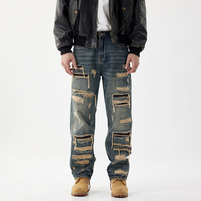 Pantalones Vaqueros Anchos Rotos con Detalles de Agujeros y Parches Personalizados para Hombre