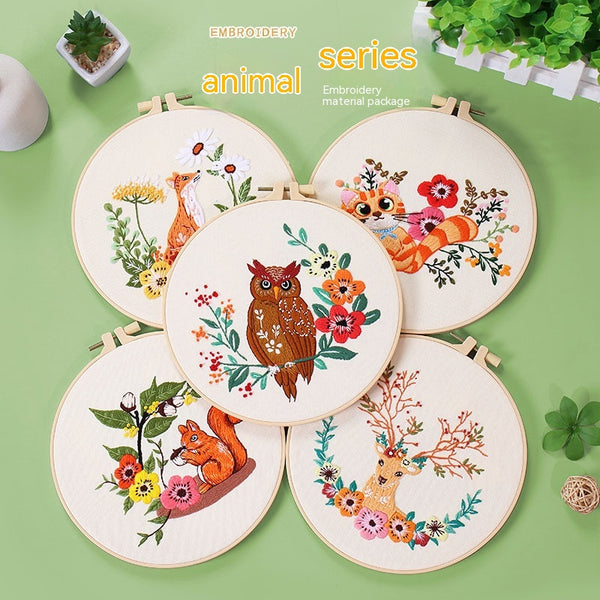 Kit Completo de Bordado Artesanal - Animales del Bosque (Ardilla, Búho, Zorro, Gato, Alce)