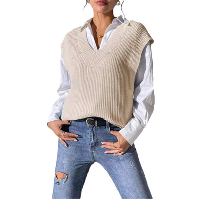 Chaleco Tejido con Perlas en Escote V - Elegancia Minimalista - Image 5