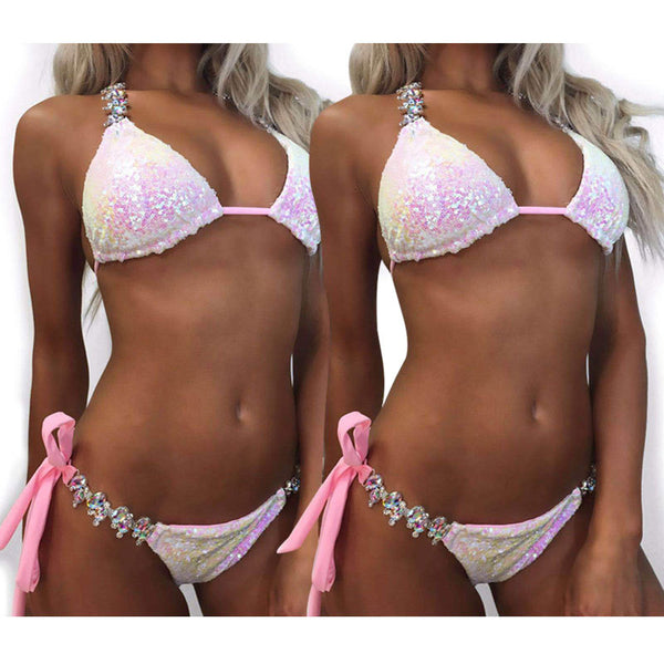 Traje de Baño Bikini con Lentejuelas Degradadas y Strass para Mujer