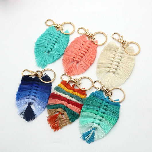 Llavero de Algodón Tejido a Mano con Borla y Dije Hoja Multicolor