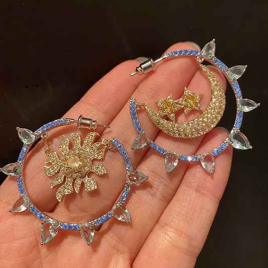 Aretes de Temperamento con Diamantes, Circonitas y Lunas Estrelladas