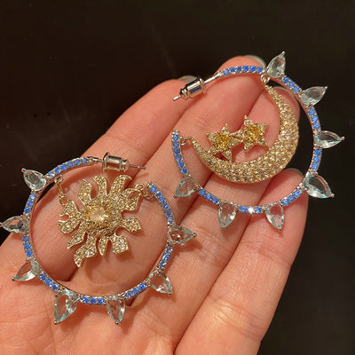 Aretes de Temperamento con Diamantes, Circonitas y Lunas Estrelladas
